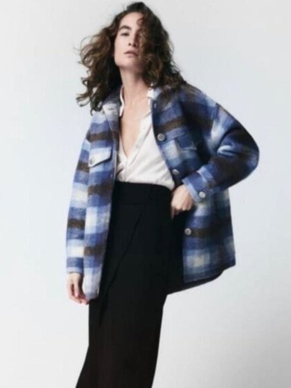 Zara Plaid Wool Blend Overshirt Shacket in Blue Size XS